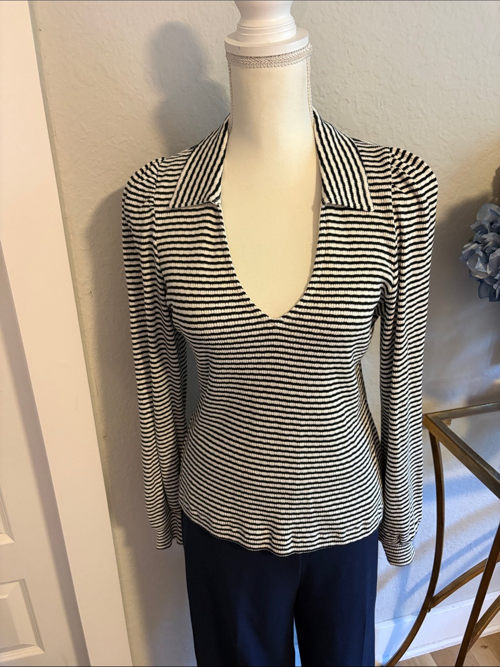 ME+EM Black & White Striped V-Neck Collared Long Sleeve Top